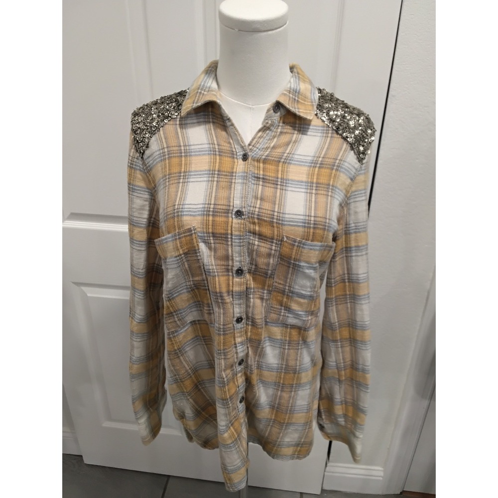 Free People Plaid Flannel Shirt Sequin Embellished Shoulders Back Button Top-XS